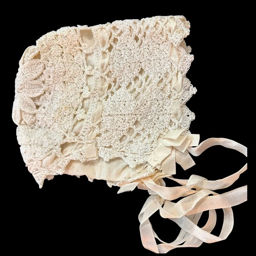 Antique Victorian Edwardian Irish Crochet Baby Bonnet Silk Lining & Rosette 1900